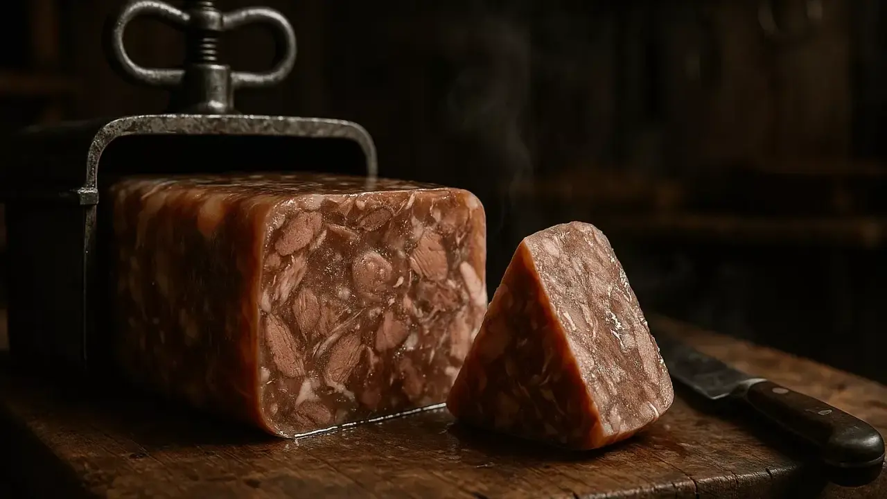 Un bloc de fromage de tête fumant, coupé en part, sur une planche en bois rustique. Un couteau à côté.