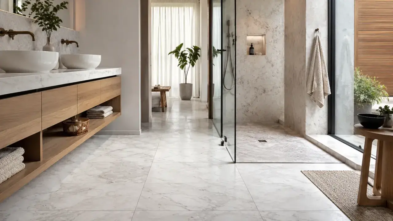 Bagno moderno con pavimenti e rivestimenti in **segato di marmo** bianco, doppio lavabo, doccia a vista e arredi in legno.