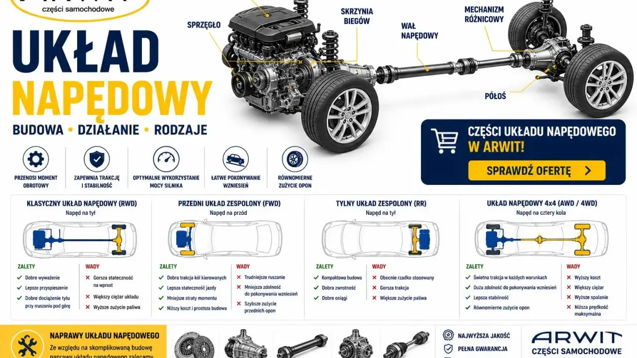 Schemat układu napędowego auta: silnik, skrzynia biegów, wał napędowy, mechanizm różnicowy, półosie.