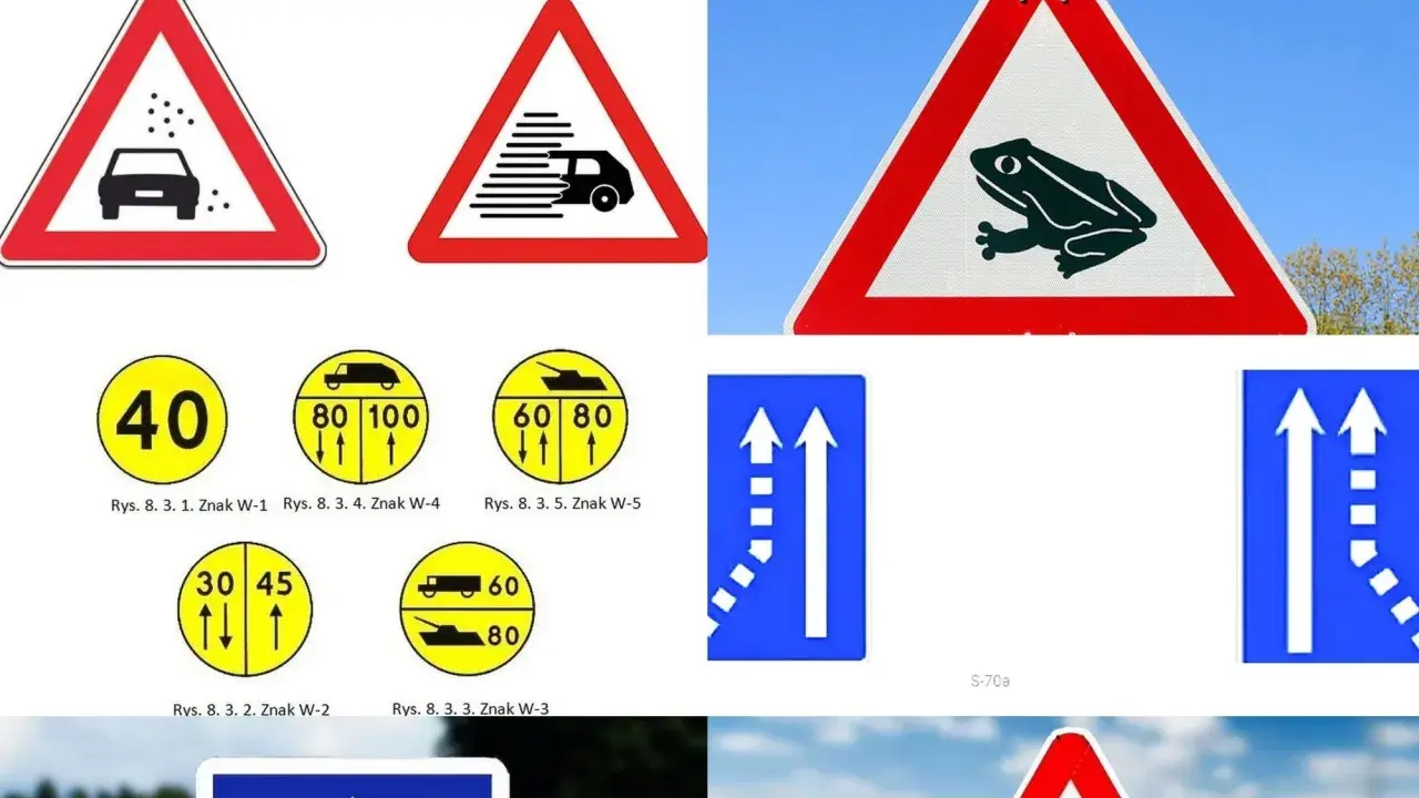 Znaki na autostradzie: ostrzegawcze przed żwirem, mgłą, zwierzętami, ograniczenia prędkości, pasy ruchu i inne.
