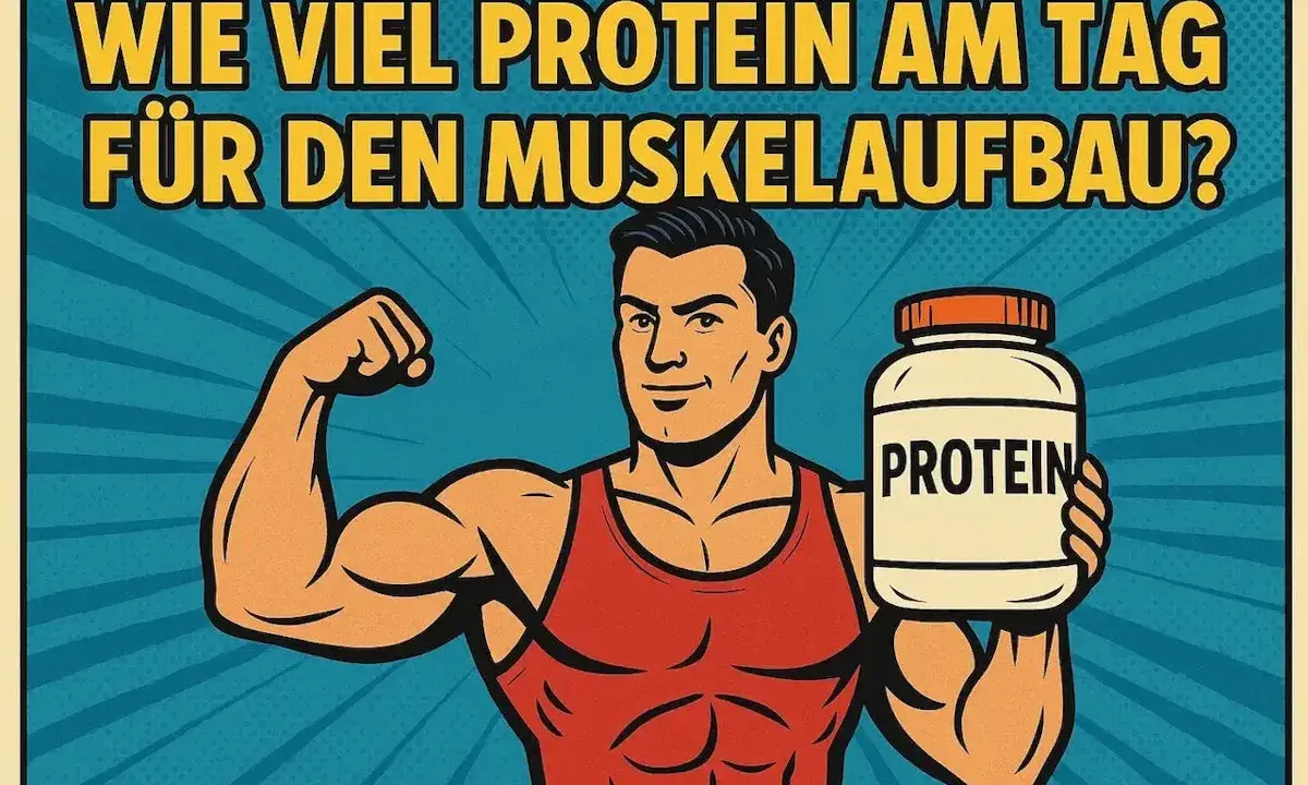 Ein muskulöser Mann mit einem Proteinbehälter fragt: "Wieviel Protein pro Tag Muskelaufbau?