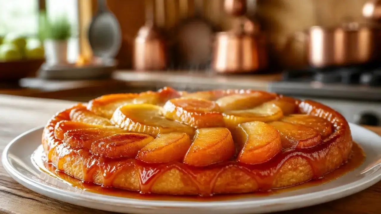 Tarte Tatin aux pommes, dorée et brillante, baignant dans un caramel onctueux. Un délice gourmand prêt à être dégusté.