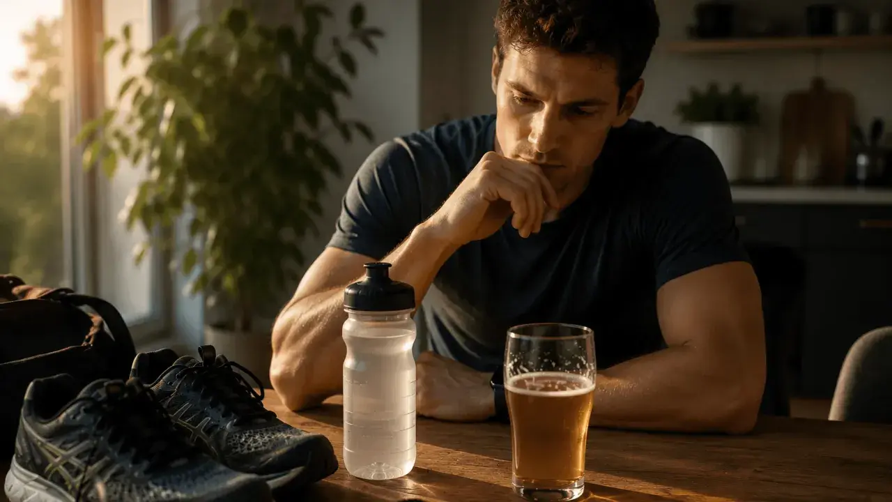 Mann mit Laufschuhen, Wasserflasche und Bierglas am Tisch. Überlegt, ob Sport nach Alkohol am Vorabend eine gute Idee ist.