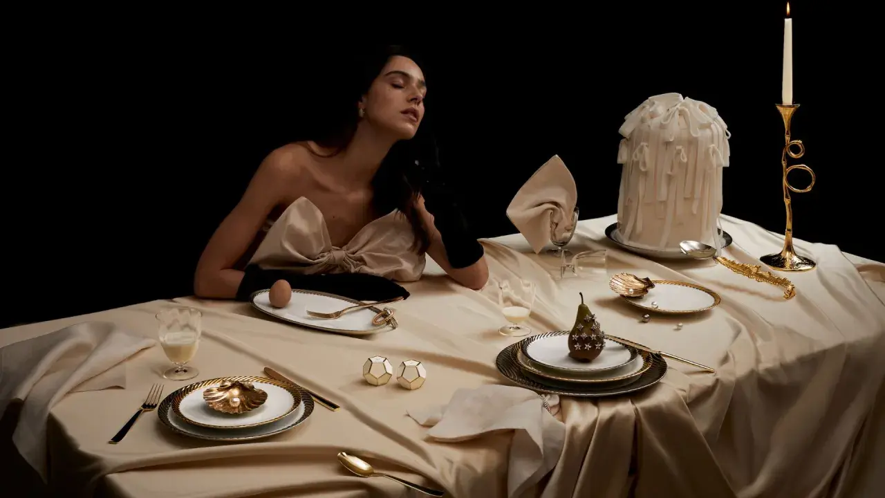 Une femme élégante, une table dressée avec soin, un œuf, une poire décorée. L'art de comment dresser une table dans un restaurant.