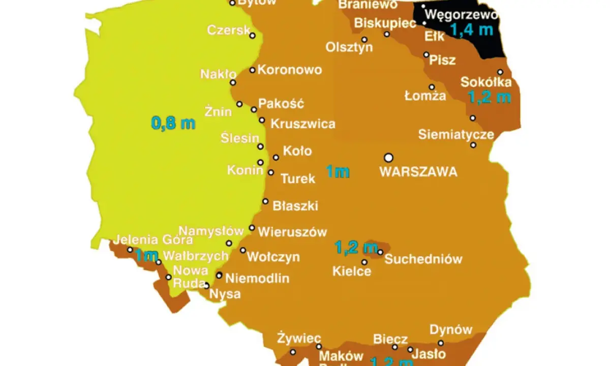 Mapa Polski z zaznaczonymi strefami przemarzania gruntu. Wartości od 0,8 m do 1,4 m.
