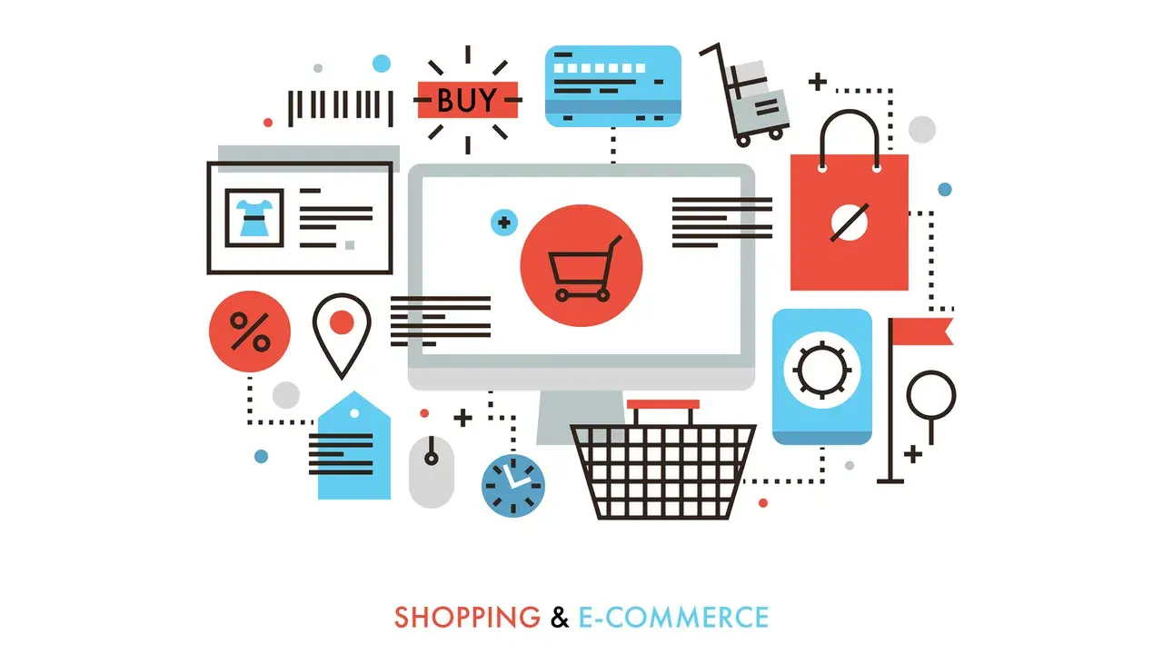 Grafika przedstawia elementy związane z **audytem ecommerce**: koszyk, komputer, kartę płatniczą, torbę na zakupy, procenty, lokalizację i zegar.