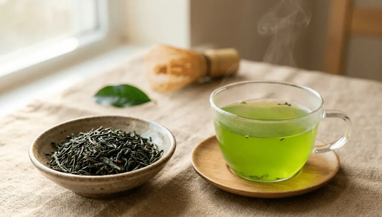 Une tasse de thé vert fumant, à côté d'un bol de feuilles de thé et d'un fouet, pour profiter des matcha bienfaits.
