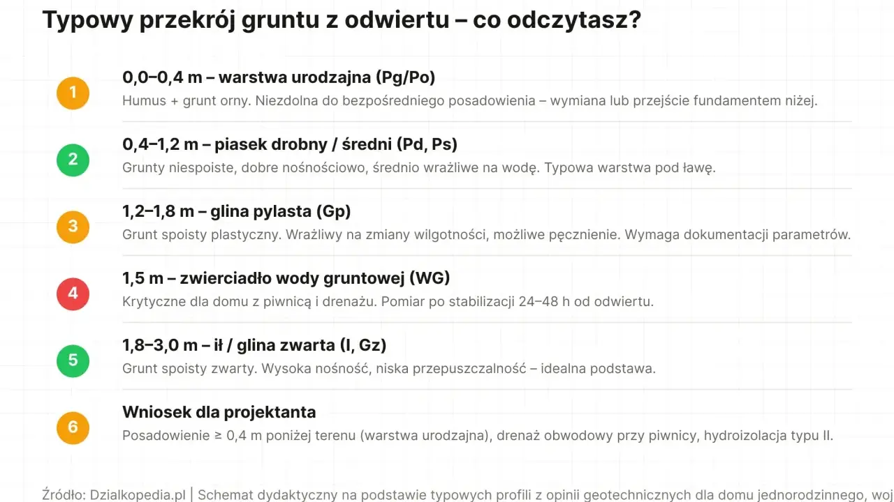 Przekrój gruntu z odwiertu: warstwa urodzajna, piasek, glina pylasta, zwierciadło wody, glina zwarta. Wniosek dla projektanta: badania geotechniczne gruntu wskazują na potrzebę głębszego posadowienia.