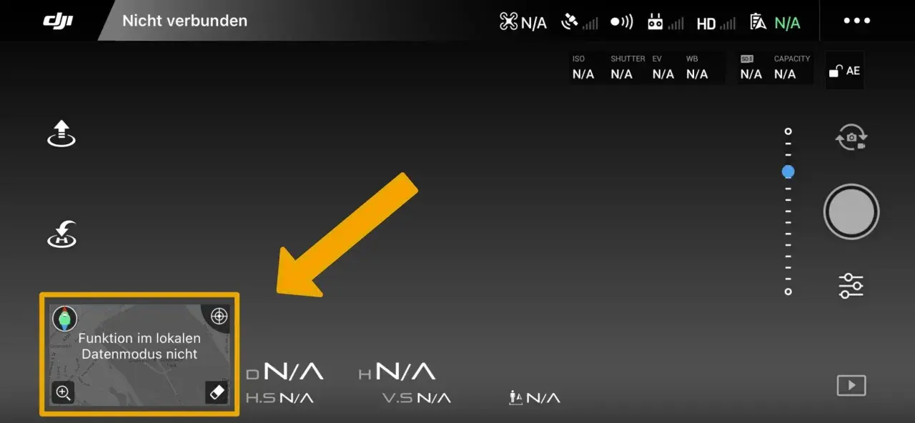 DJI GO 4 App zeigt "Nicht verbunden" und eine Karte mit "Funktion im lokalen Datenmodus nicht".