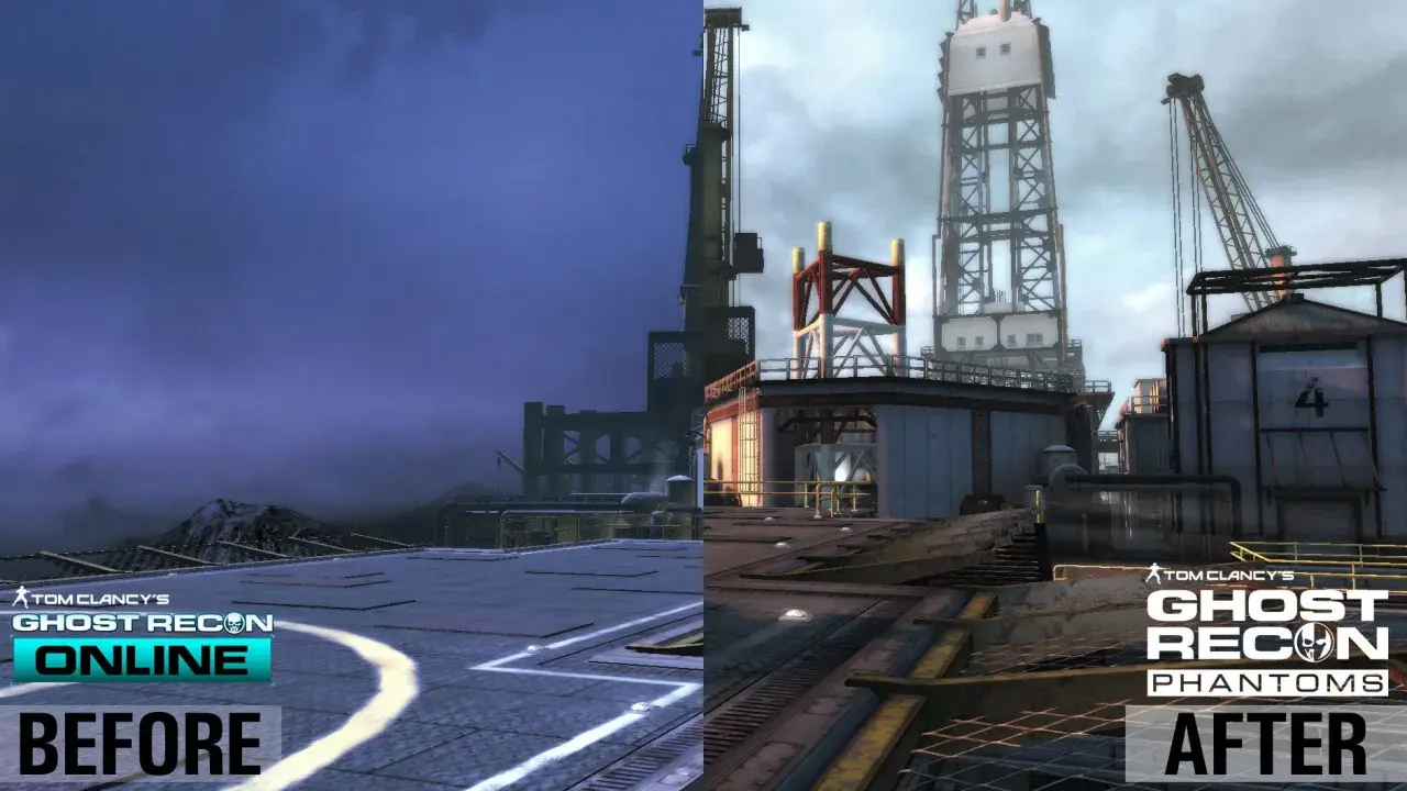 Porównanie grafiki z gry Tom Clancy's Ghost Recon Phantoms: lewa strona "przed" - ciemna, prawa "po" - jaśniejsza, z lepszymi detalami.