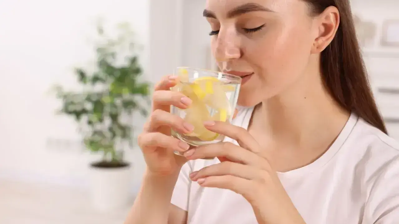 Kobieta pije wodę z cytryną. To świetny sposób, by dowiedzieć się, co pić na poprawę wzroku.