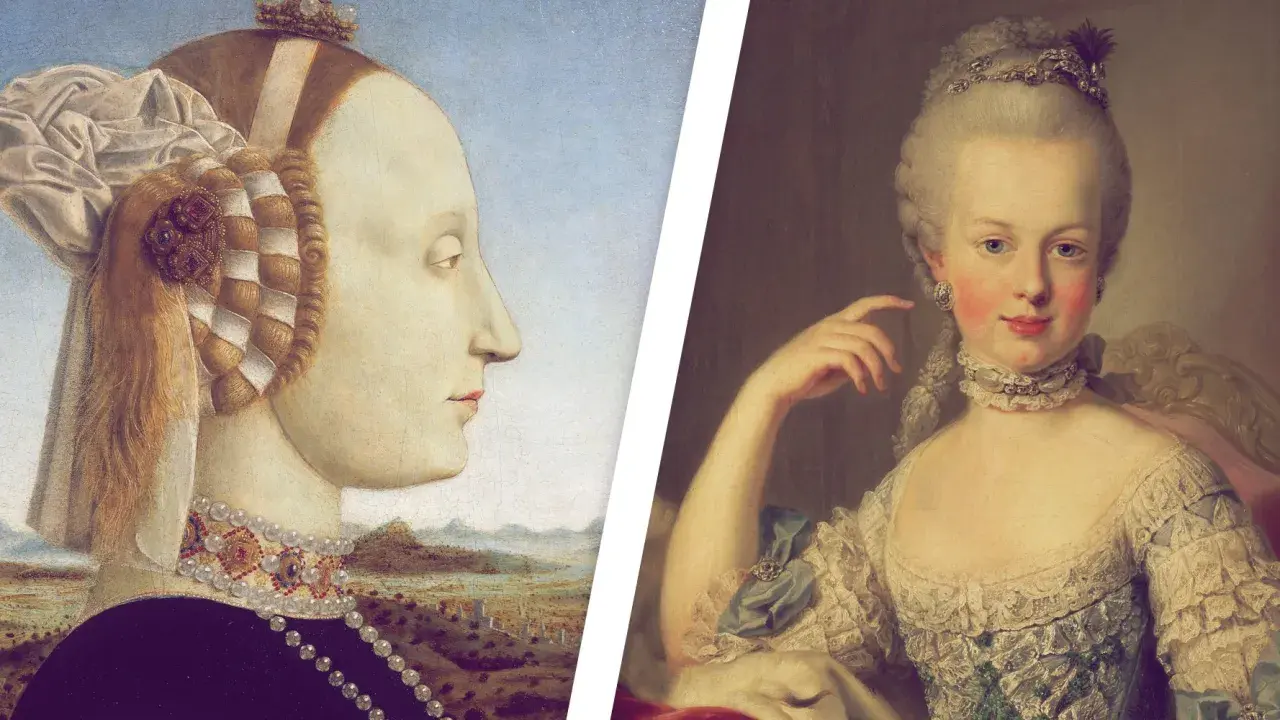 Zwei Porträts von Frauen, eine im mittelalterlichen Stil mit aufwendiger Frisur und Schmuck, die andere im Rokoko-Stil mit zarter Haut und üppiger Kleidung.