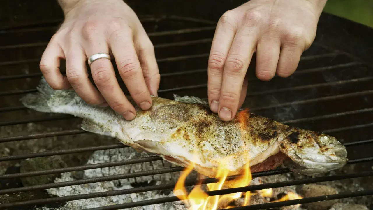 Hände legen einen Fisch auf den Grill. Mit etwas Übung gelingt das Fisch grillen ohne kleben.