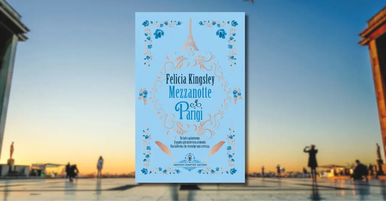 Copertina del felicia kingsley ultimo libro "Mezzanotte a Parigi", con Torre Eiffel stilizzata e decorazioni floreali.