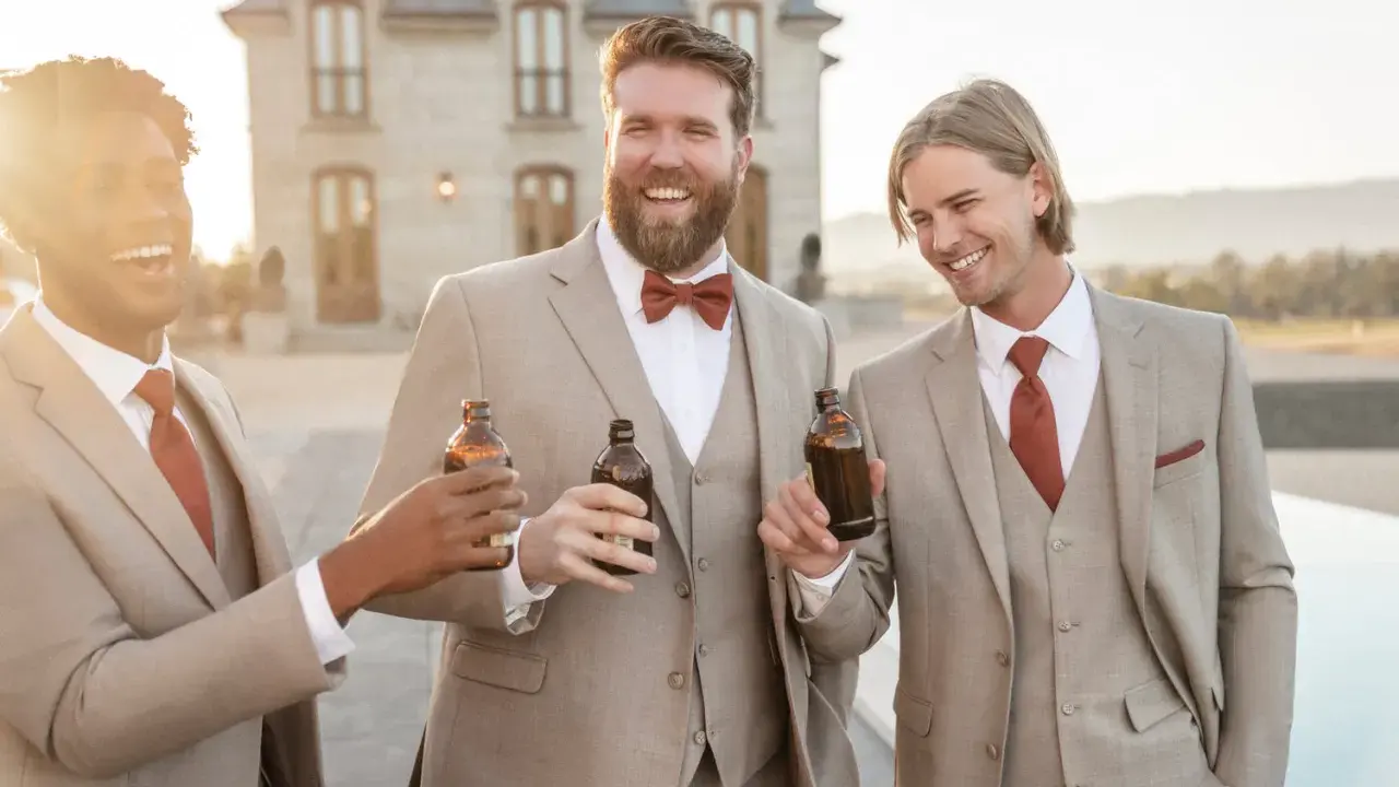 Groomsmen in tan suits with rust ties and bowties toast with beers. A great color suit for wedding celebrations.