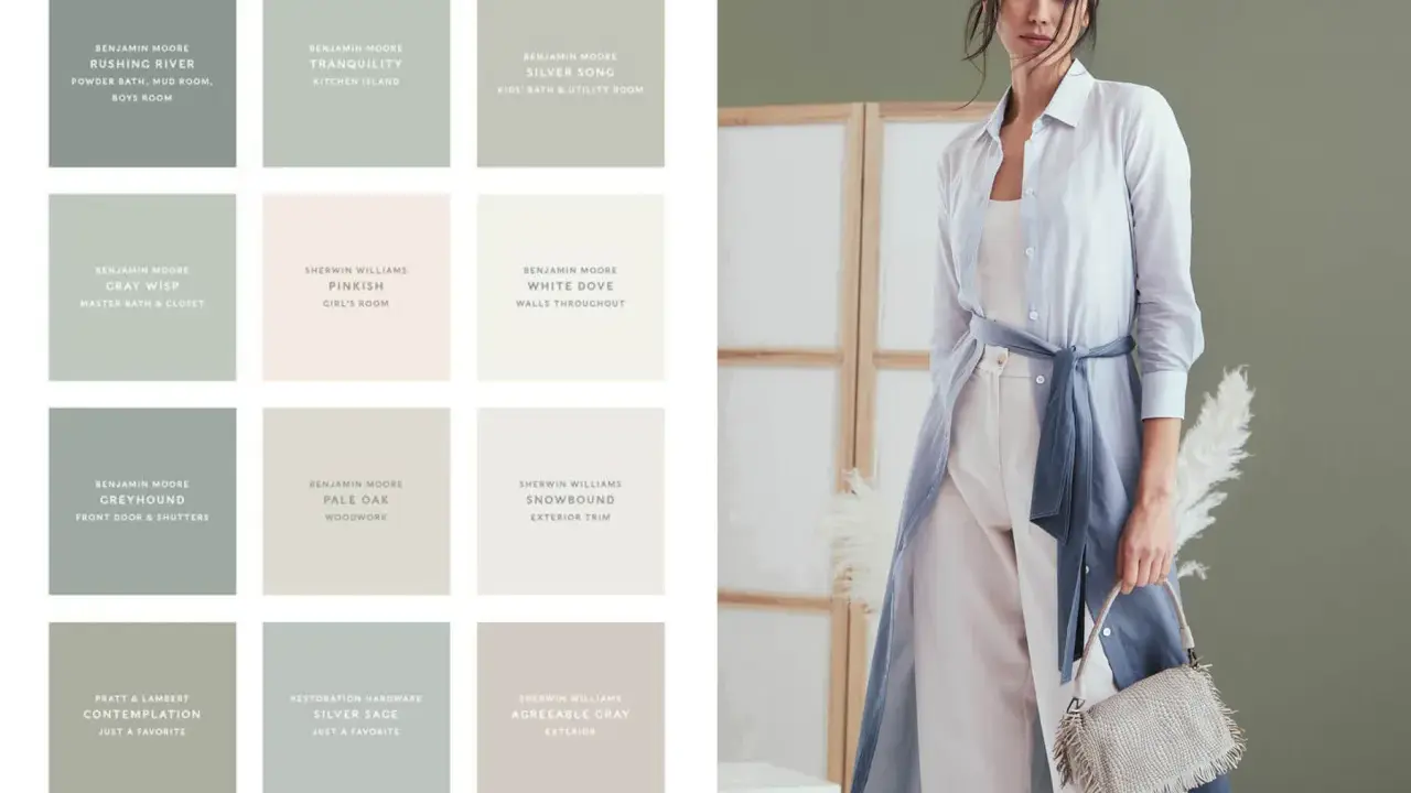 Tavolozza di colori per interni, con tonalità che vanno dal verde salvia al beige chiaro, come il "Pale Oak". Una modella indossa abiti in lino color crema.