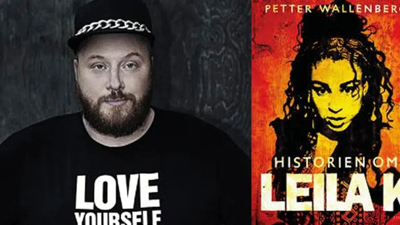 Man med keps och t-shirt med texten "LOVE YOURSELF" bredvid bokomslaget "Historien om Leila K".