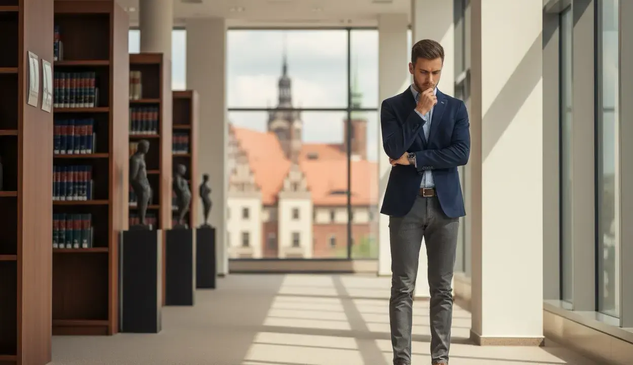 Młody mężczyzna w garniturze rozmyśla w bibliotece, gdzie panuje atmosfera sprzyjająca studiom prawniczym.