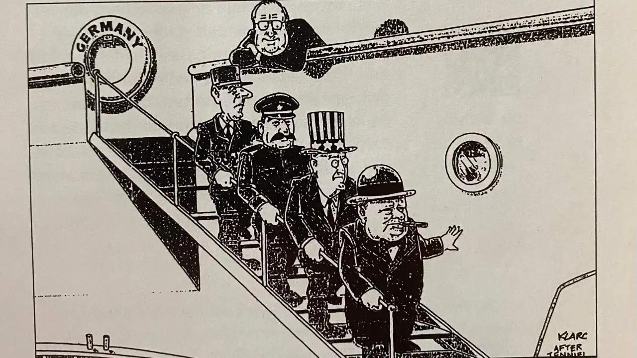 Karikatur: "Der Lotse geht von Bord" – Stalin, Churchill & Co. steigen aus Deutschland aus. Ein Mann mit Brille blickt von oben herab.