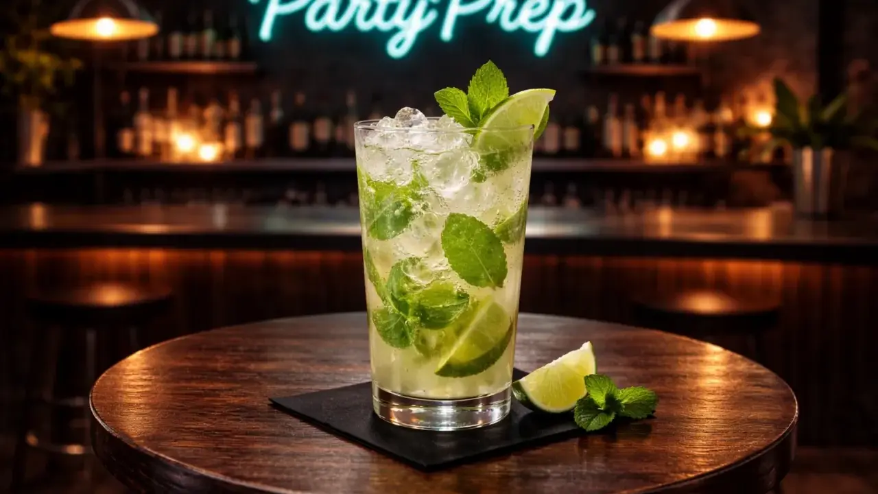 En uppfriskande mojito med vit rom, mynta och lime på ett runt träbord. Bakom skymtar en bar med neonskylten "Party Prep".