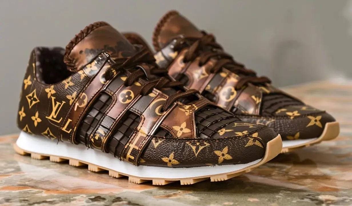 Brązowe buty sportowe Louis Vuitton z monogramem na marmurowym tle.