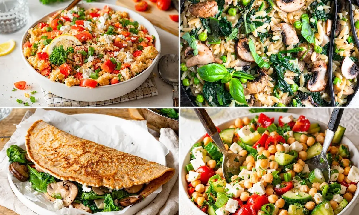Vier leckere, einfache gesunde gerichte: Couscous-Salat, Orzo-Pfanne mit Pilzen, gefüllter Crêpe und Kichererbsen-Salat.