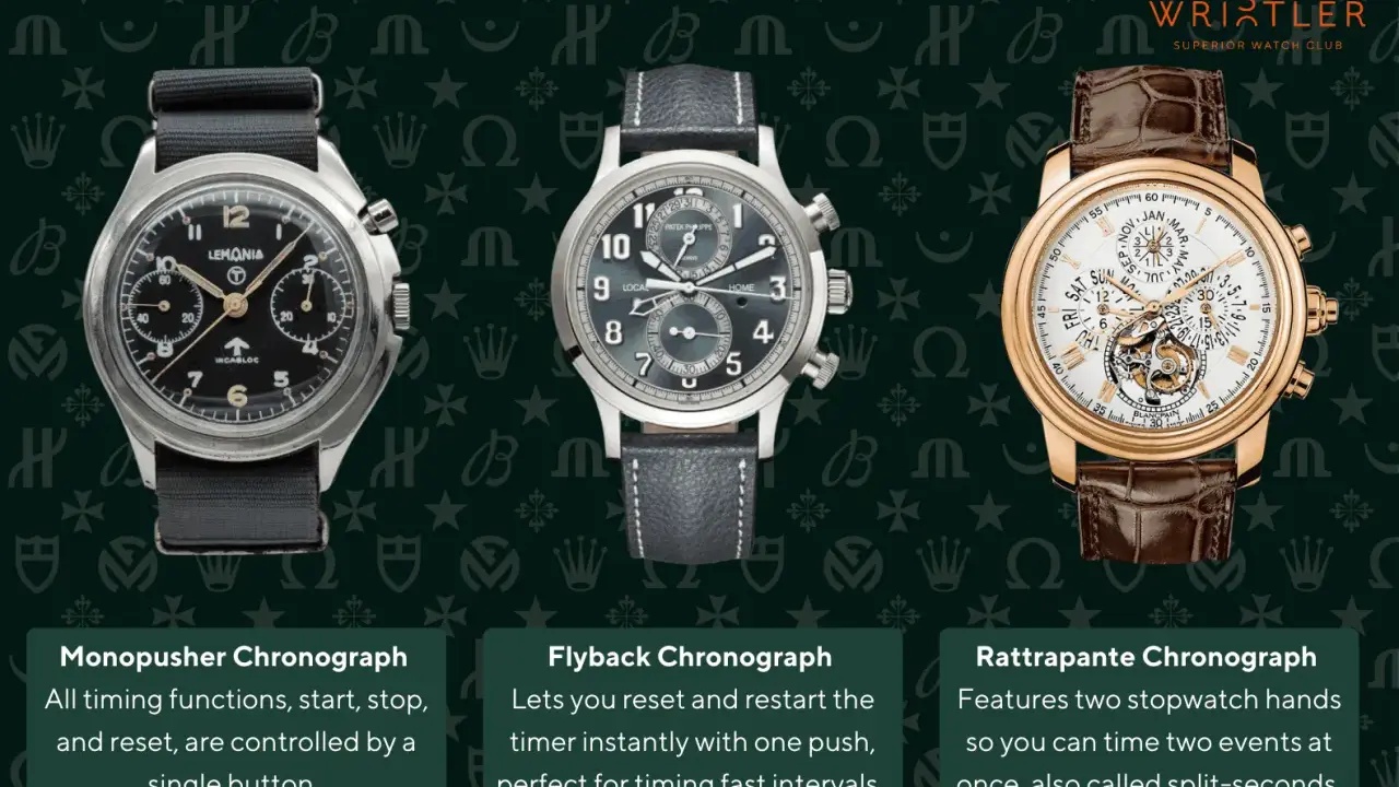 Tre orologi cronografo: Monopusher, Flyback e Rattrapante. Il cronografo significa misurare intervalli di tempo.