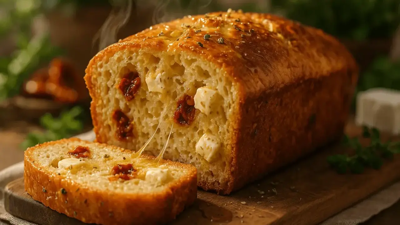 Un pain moelleux aux tomates séchées et feta, encore chaud, avec une tranche coupée révélant ses trésors fondants.