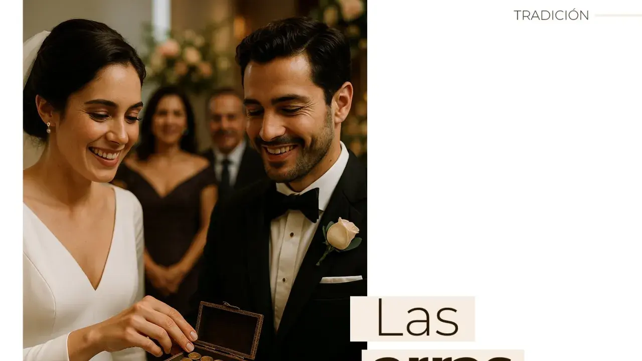 Novios sonríen mientras intercambian las arras en una boda mexicana.