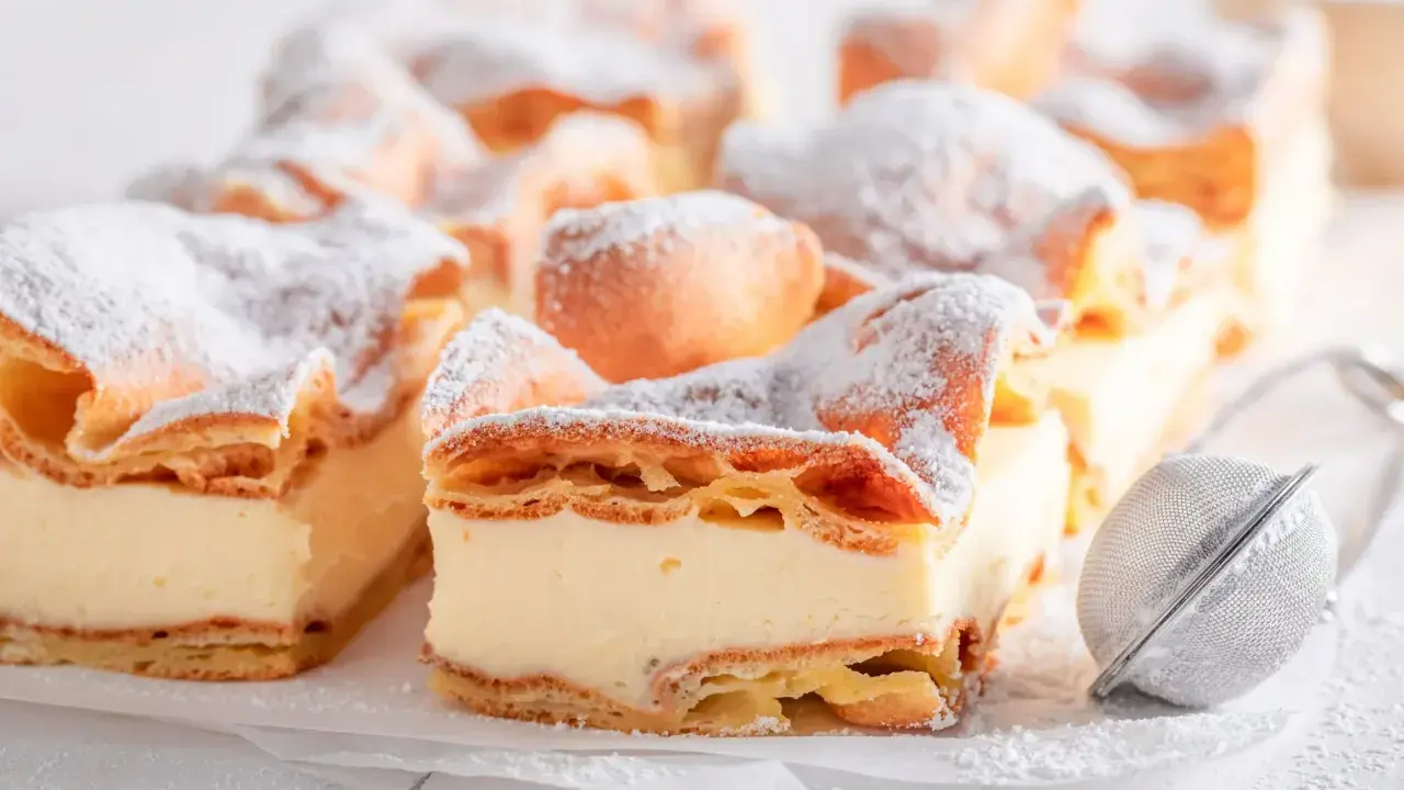 Kremówka papieska, jeden z 10 najlepszych ciast, posypana cukrem pudrem.