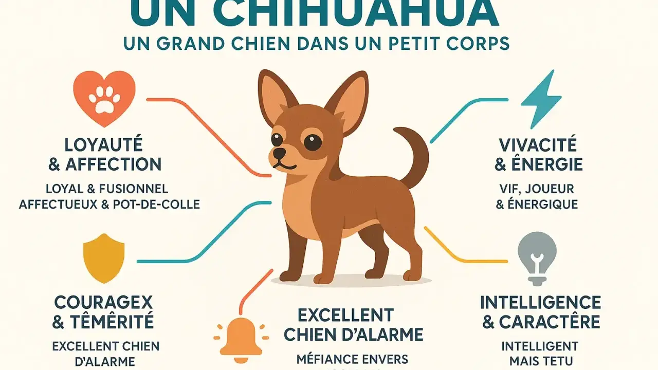 Un adorable chien chihuahua, loyal, vif et intelligent, est représenté avec ses qualités : affection, énergie, courage, alarme et caractère.