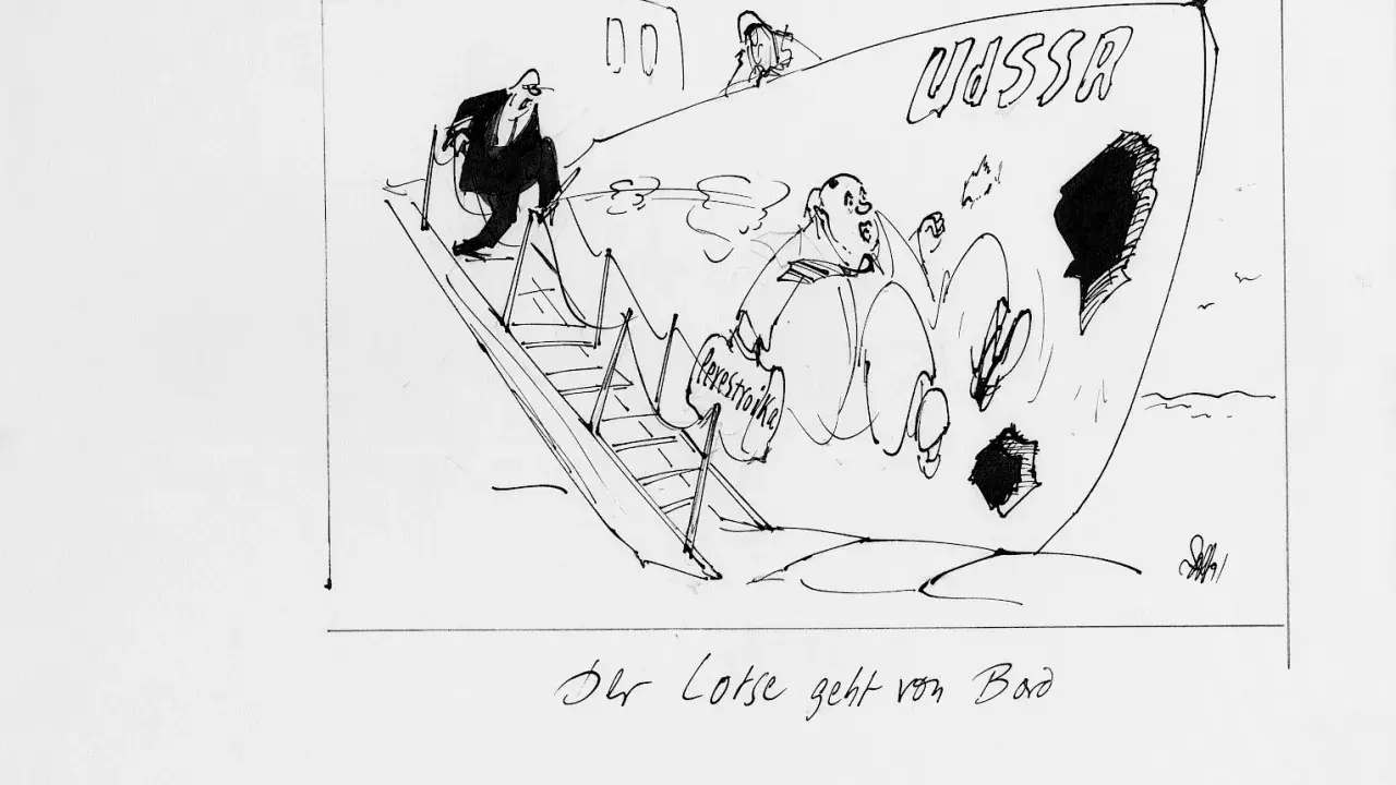 Karikatur: Ein Mann steigt eine Leiter hinab, während ein Schiff mit der Aufschrift "UdSSR" und Löchern im Rumpf sinkt. Der Lotse geht von Bord.
