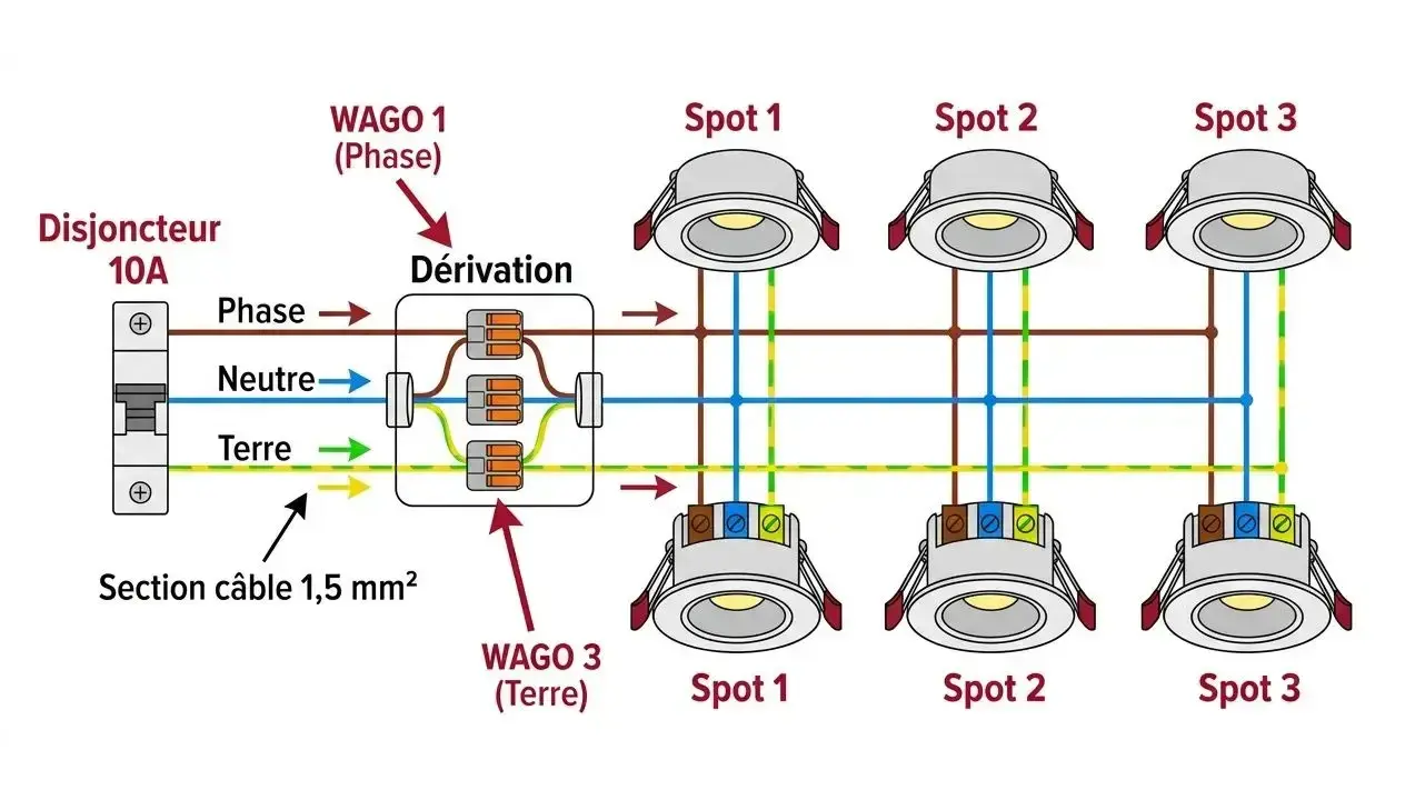 Schéma de câblage pour spots de plafond : disjoncteur 10A, dérivation avec connecteurs WAGO, et trois spots connectés en parallèle. Câble de 1,5 mm².