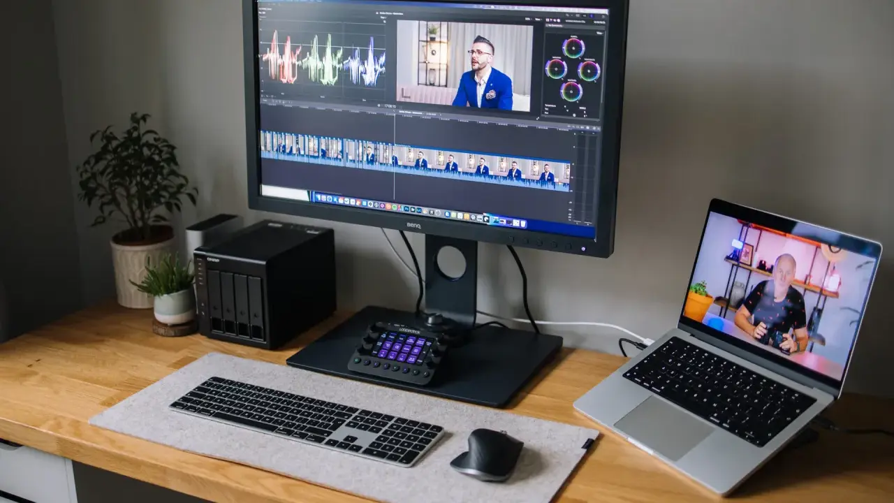 Stacja do edycji wideo z monitorem BenQ, laptopem, klawiaturą i kontrolerem. Na ekranie widać oś czasu i wykresy, co sugeruje pracę nad parametrami monitora.