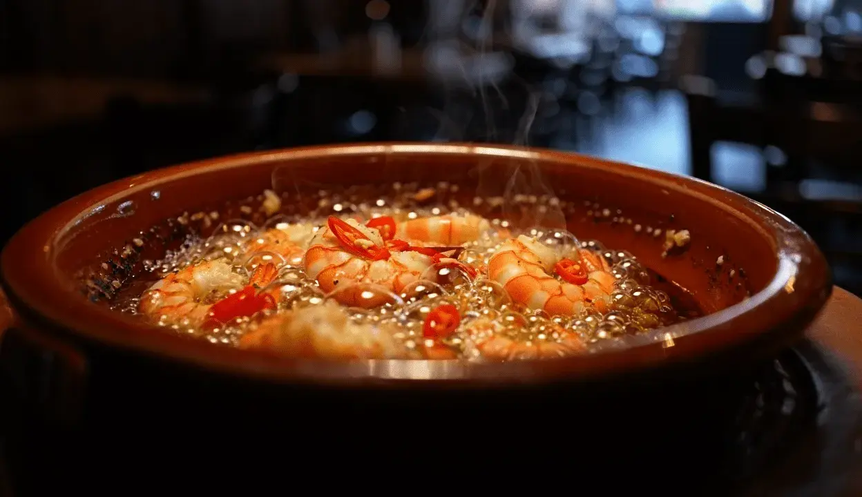 Gambas al ajillo burbujeantes en cazuela de barro, con guindillas rojas y vapor ascendiendo.