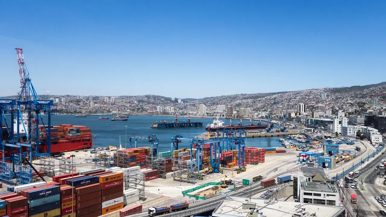 Un vasto porto con gru, container colorati e navi cargo, con una città collinare sullo sfondo. Sembra il porto più grande del mondo.