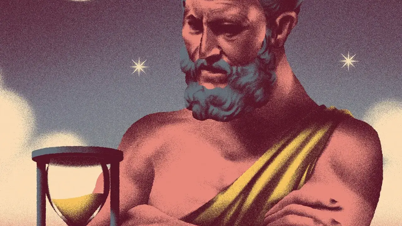 Der Gott Kairos, Sinnbild des rechten Augenblicks, blickt nachdenklich auf eine Sanduhr unter Sternenhimmel.
