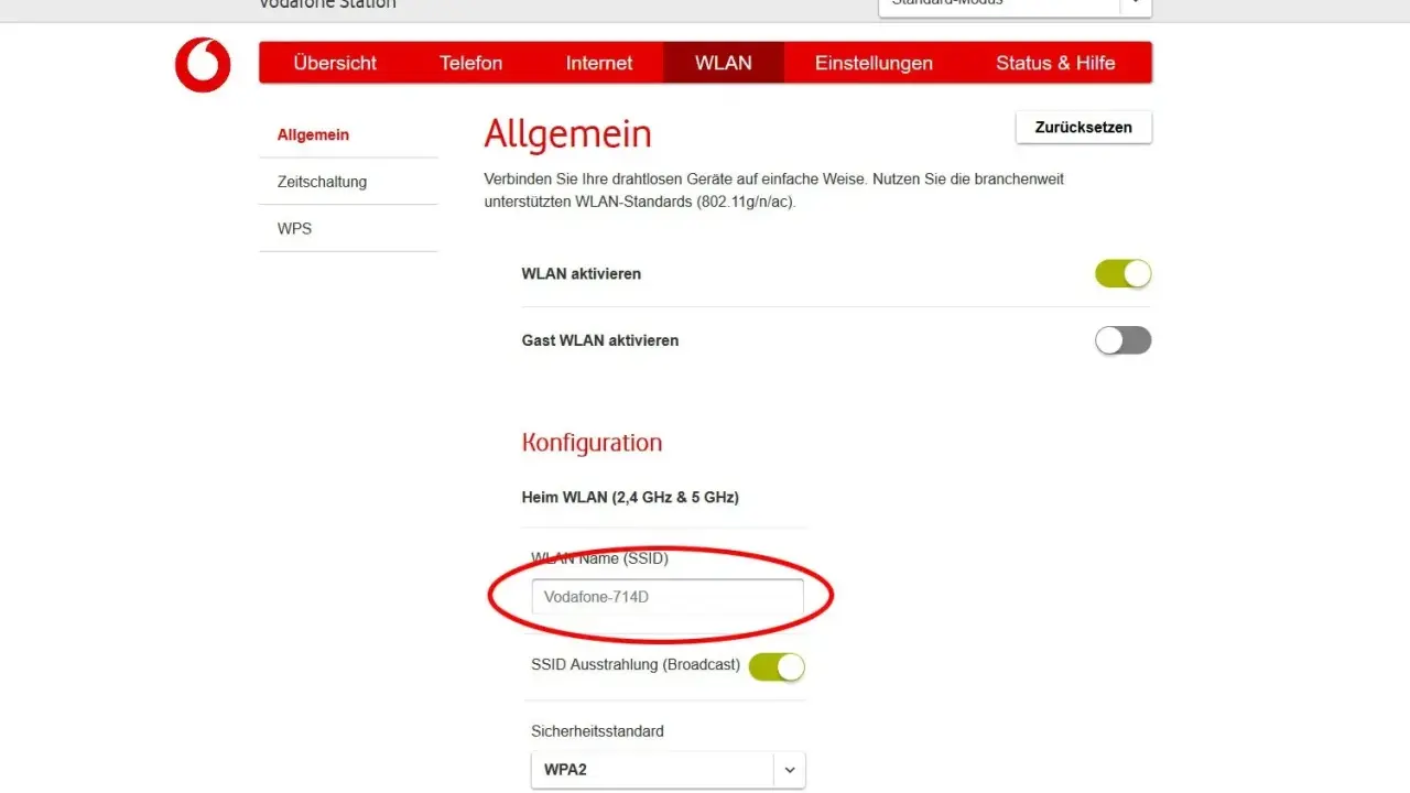 Hier siehst du, wo du den Netzwerknamen (SSID) für dein Heim-WLAN findest: "Vodafone-714D".