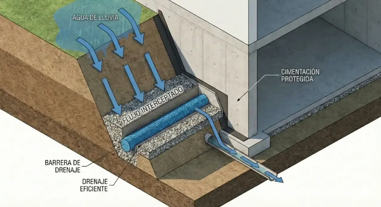 Sistema de drenaje de muros que intercepta el agua de lluvia y la dirige lejos de la cimentación protegida, asegurando un drenaje eficiente.