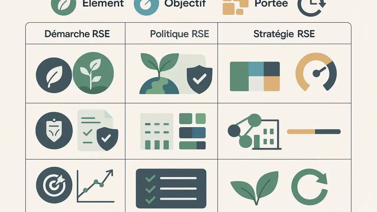 Tableau illustrant les éléments, objectifs et portée de la démarche, politique et stratégie RSE. La pérennité def est symbolisée par des icônes de croissance et de cycle.