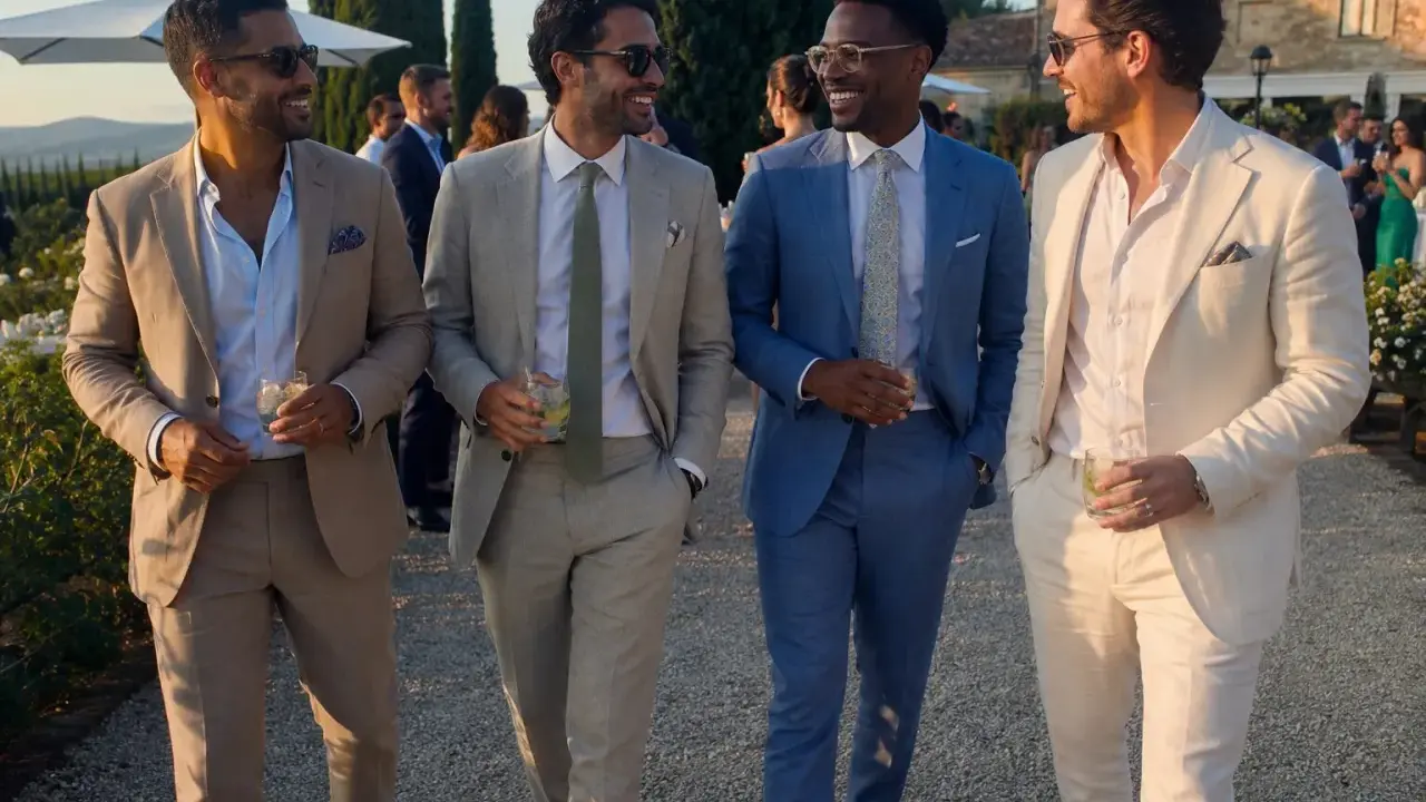 Four stylish men in suits and chinos walk together at a wedding, holding drinks and smiling.