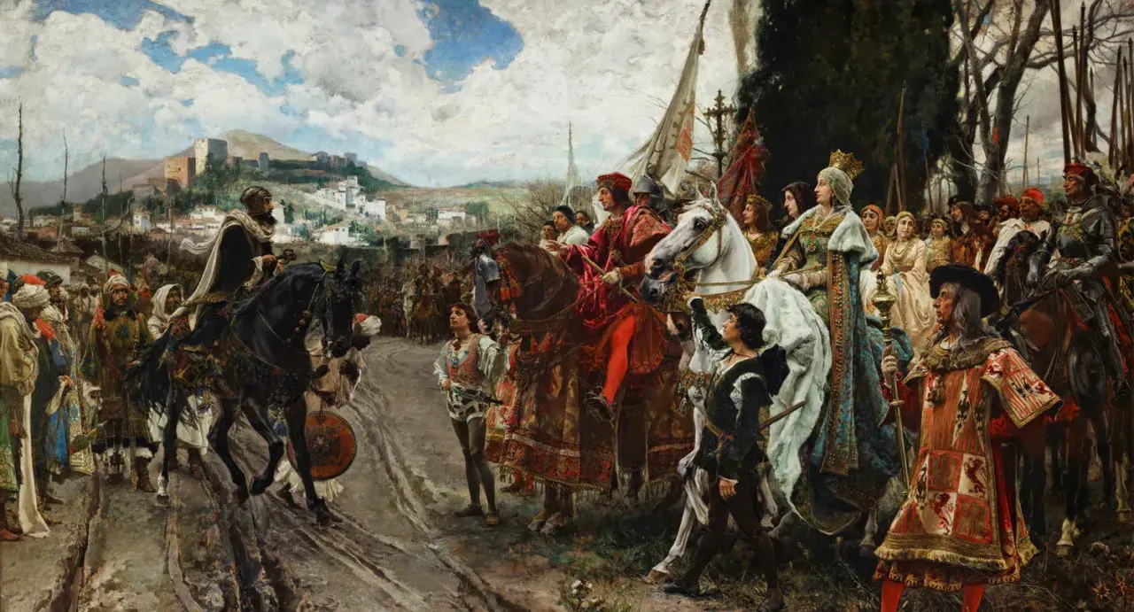 Prachtvolle Szene: Araber in Spanien im Mittelalter, prunkvolle Reiter und Fußvolk ziehen vor einer Stadt auf.