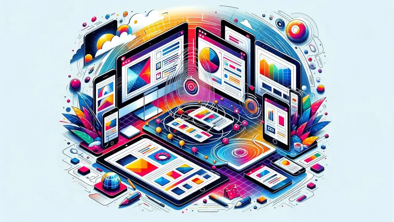 Kolorowa wizualizacja urządzeń (komputery, tablety, telefony) z elementami interfejsu, symbolizująca **adaptive web design**.