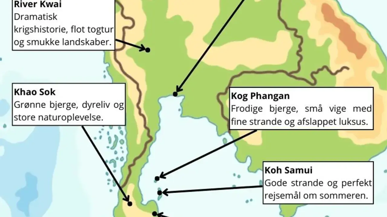 Karta över Thailand med platser som Khao Lak, Khao Sok, River Kwai, Koh Phangan och Koh Samui.