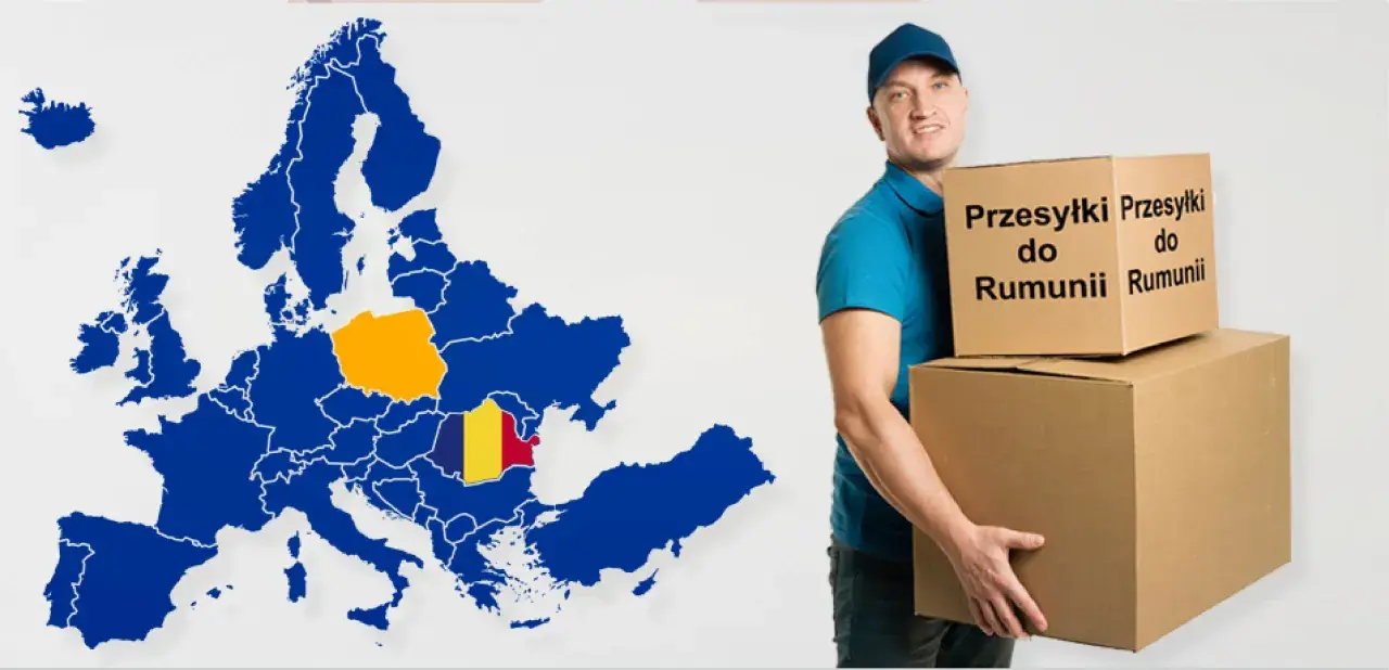 Kurier z paczkami do Rumunii. Mapa Europy z zaznaczoną Rumunią i Polską.