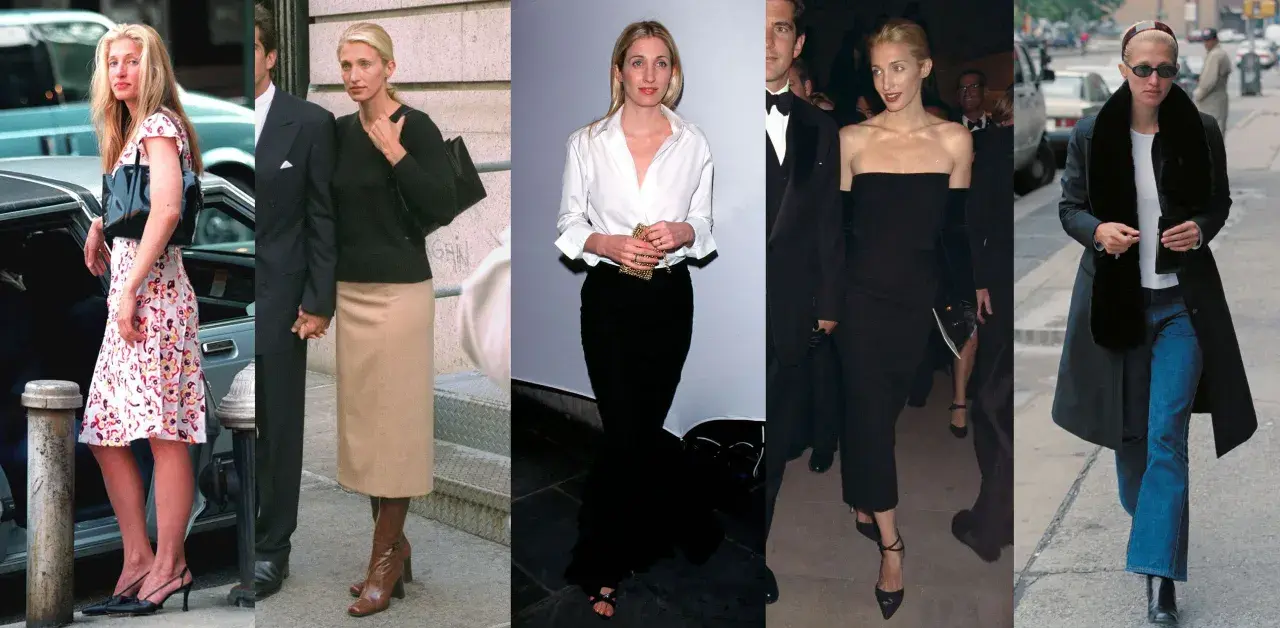 Carolyn Bessette-Kennedy i olika outfits: blommig klänning, svart tröja med beige kjol, vit skjorta med svart kjol, svart klänning och en rock med jeans.