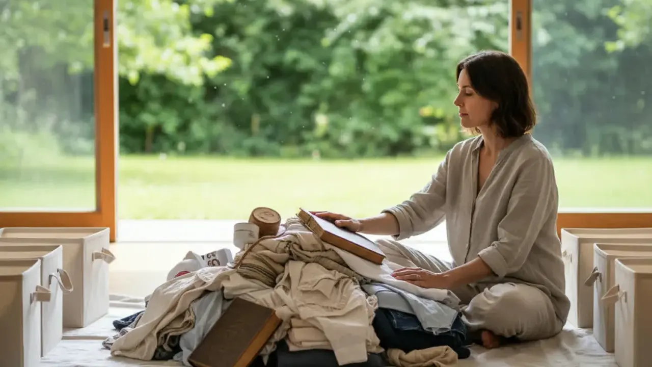 Donna medita su come iniziare il decluttering, circondata da vestiti e scatole vuote.
