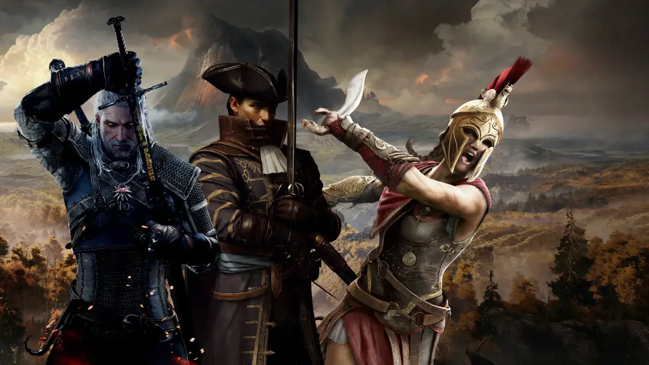 Geralt, pirat i Spartanina, bohaterowie gier podobnych do Wiedźmina 3, gotowi do walki na tle malowniczego krajobrazu.