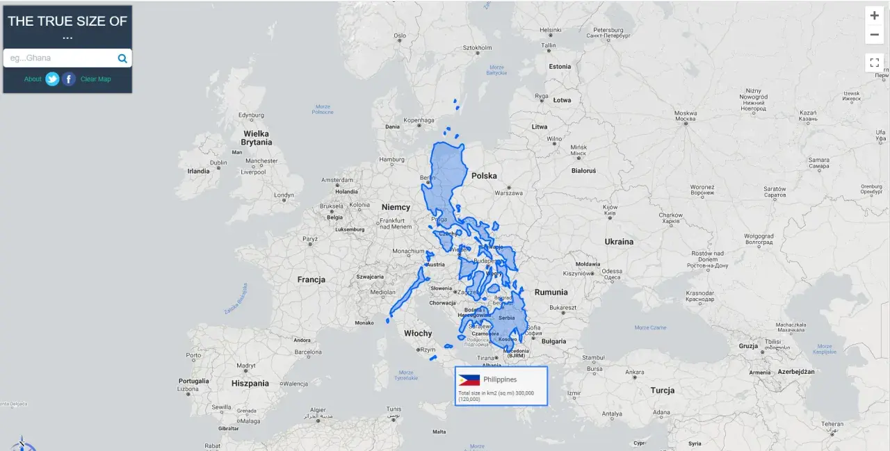 Filipiny rozciągają się od Bałtyku po Morze Czarne, pokazując, gdzie leżą Filipiny w porównaniu do Europy.