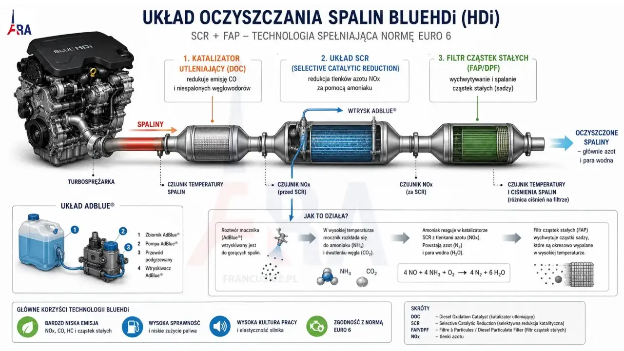 Schemat układu oczyszczania spalin BlueHDi dla silnika 1.9 TDI. Pokazuje katalizator DOC, układ SCR i filtr FAP/DPF.